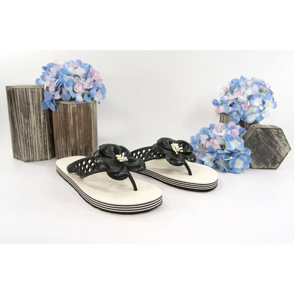 Tory Burch Perfect Black Rubber Leather Petal Flower Slide Sandals Size 8 NIB